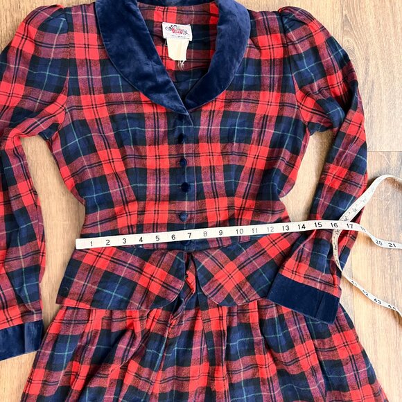 Vintage Lanz Originals 80s Red Plaid Velvet Trim Peplum Tartan Dress Sz XS - Picture 7 of 15